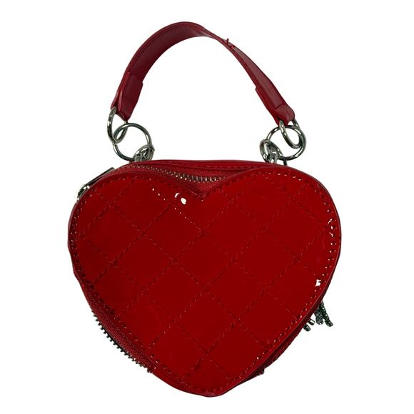Poster Girl Red Heart Purse Rhinestone Fringe Mini Bag Patent Leather - Picture 5 of 9